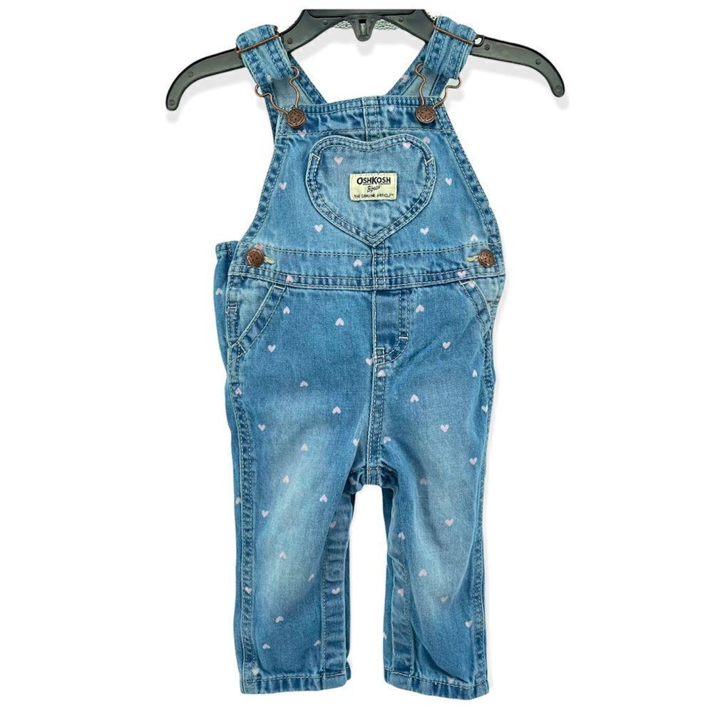 OshKosh B’gosh Baby Girl’s Vestbak Pink Hearts Denim Overalls Size 9M
